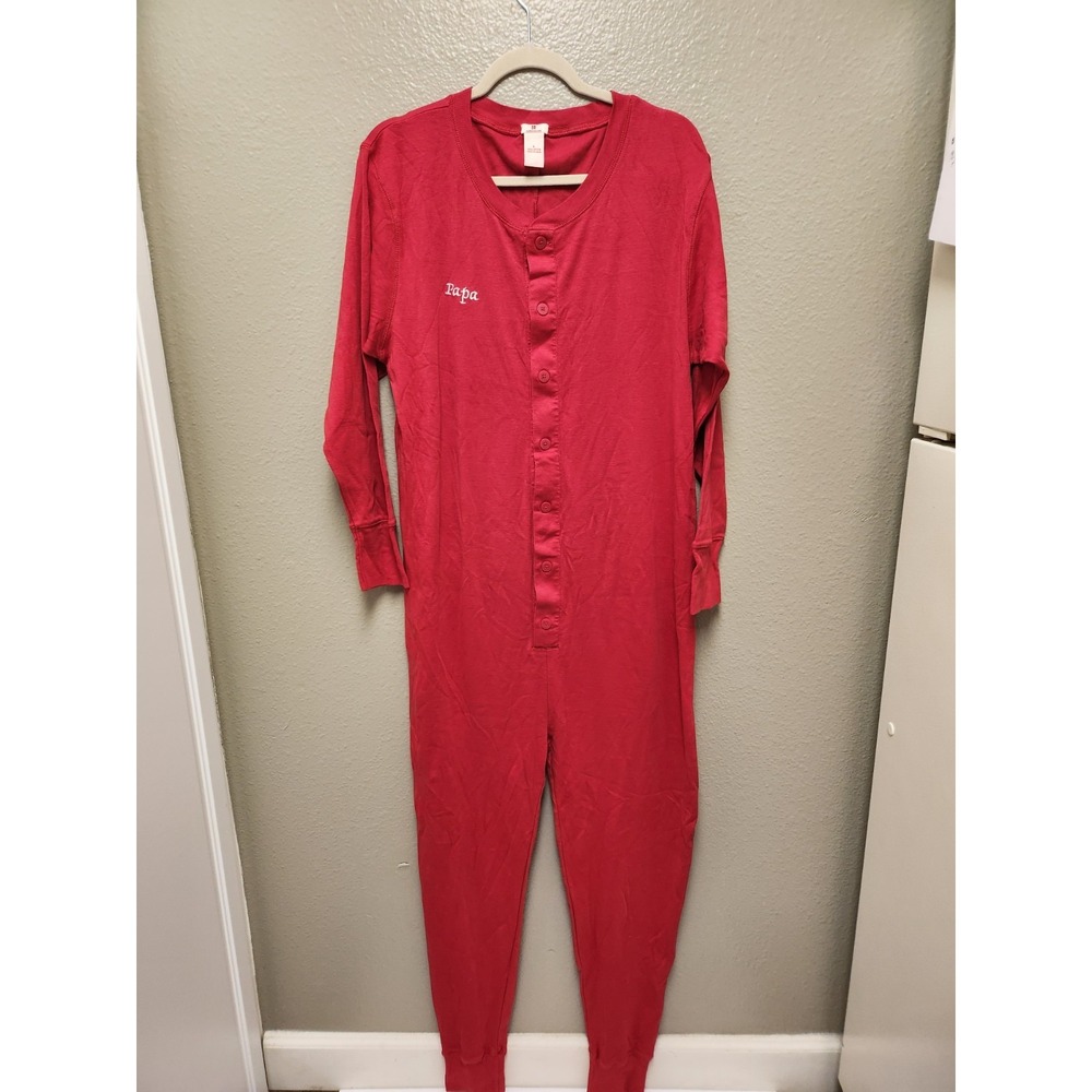 Red envelope Red Union Suit "PAPA" Men's SZ LG Winter, Holiday Pajama 100% Cotto